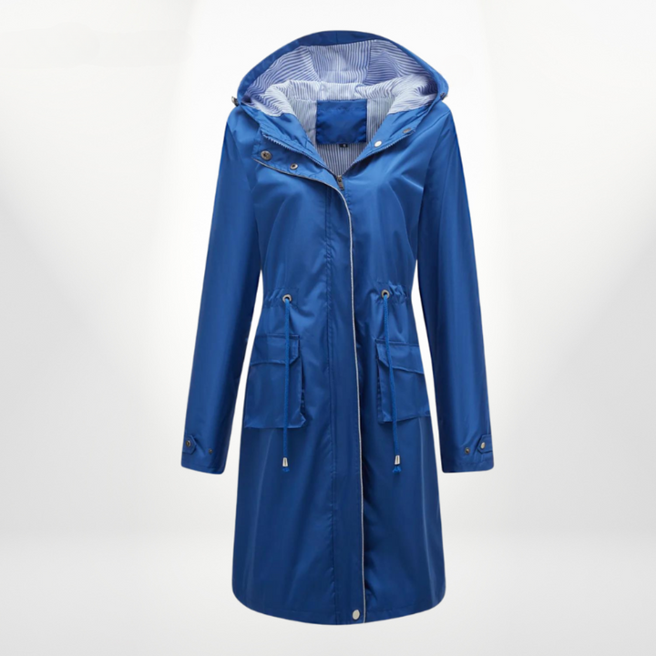 Aisha | Women's Long Rain Jacket | Hood & Drawstring Waist Zip