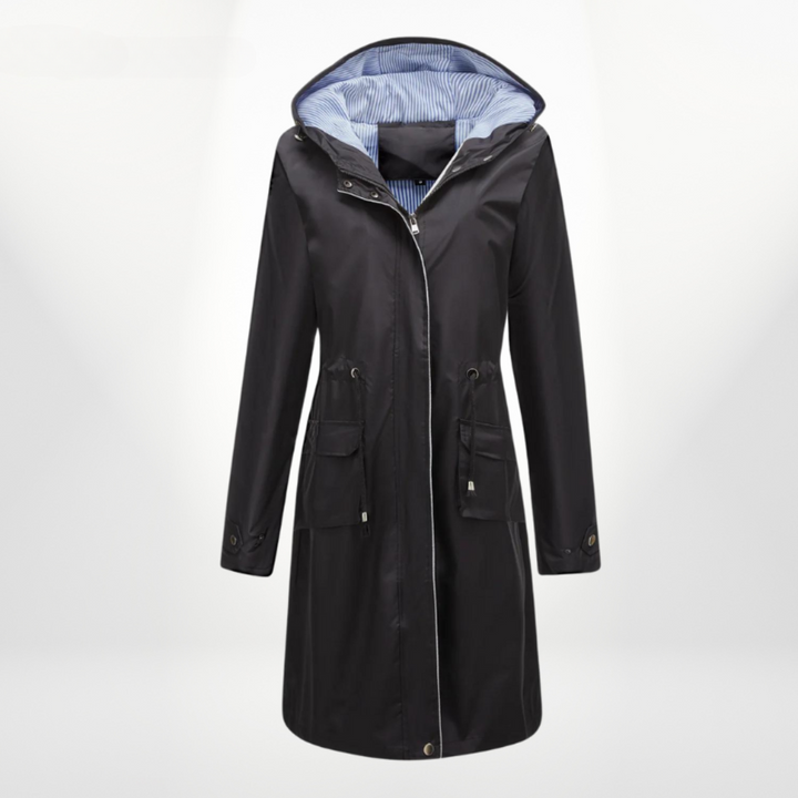 Aisha | Women's Long Rain Jacket | Hood & Drawstring Waist Zip