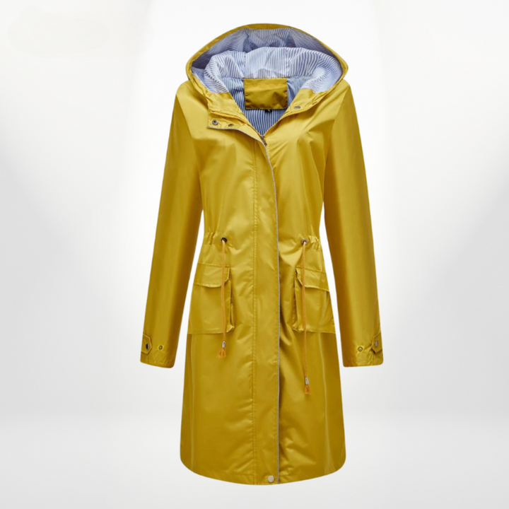 Aisha | Women's Long Rain Jacket | Hood & Drawstring Waist Zip