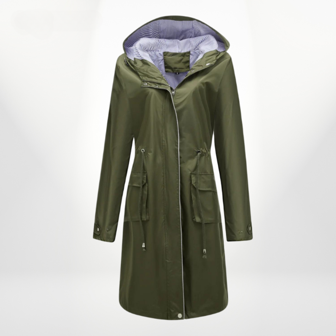 Aisha | Women's Long Rain Jacket | Hood & Drawstring Waist Zip