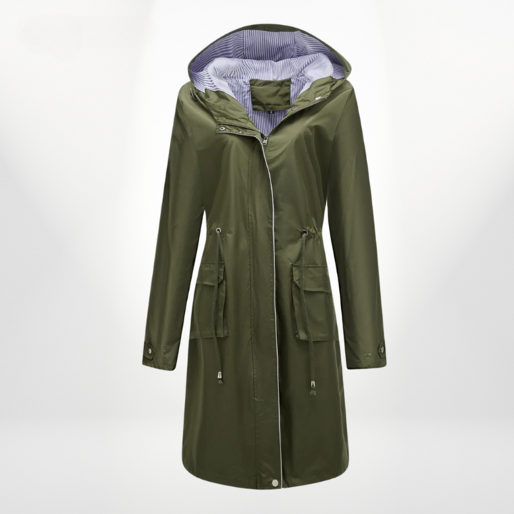 Aisha | Women's Long Rain Jacket | Hood & Drawstring Waist Zip