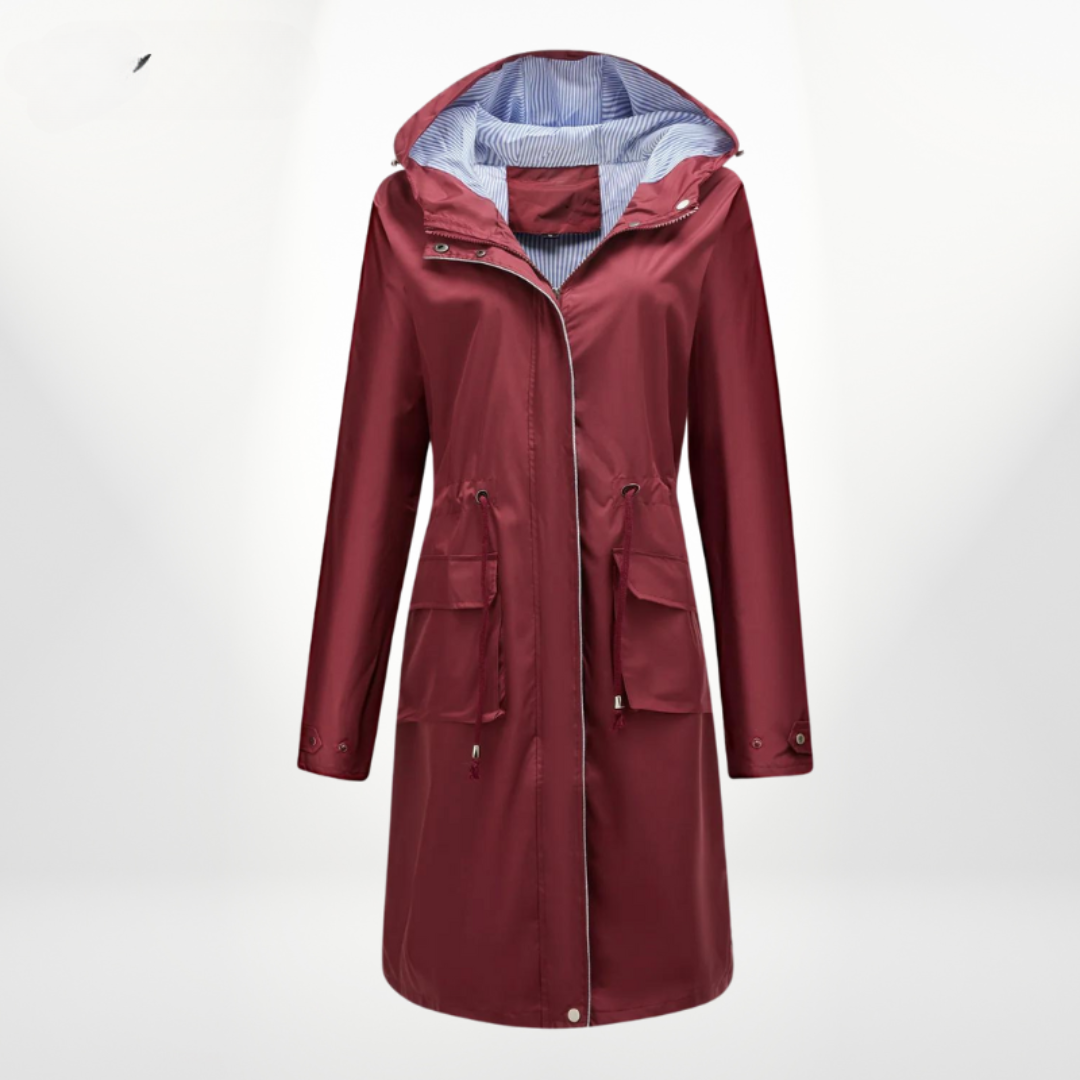 Aisha | Women's Long Rain Jacket | Hood & Drawstring Waist Zip