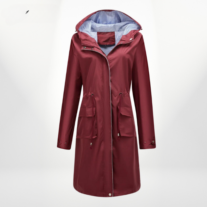 Aisha | Women's Long Rain Jacket | Hood & Drawstring Waist Zip