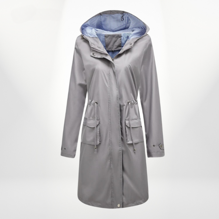 Aisha | Women's Long Rain Jacket | Hood & Drawstring Waist Zip