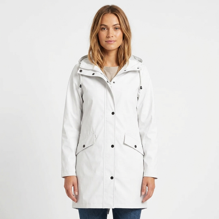 Ibtissam | Women's Long Rain Jacket | Drawstring Hood Snap Buttons