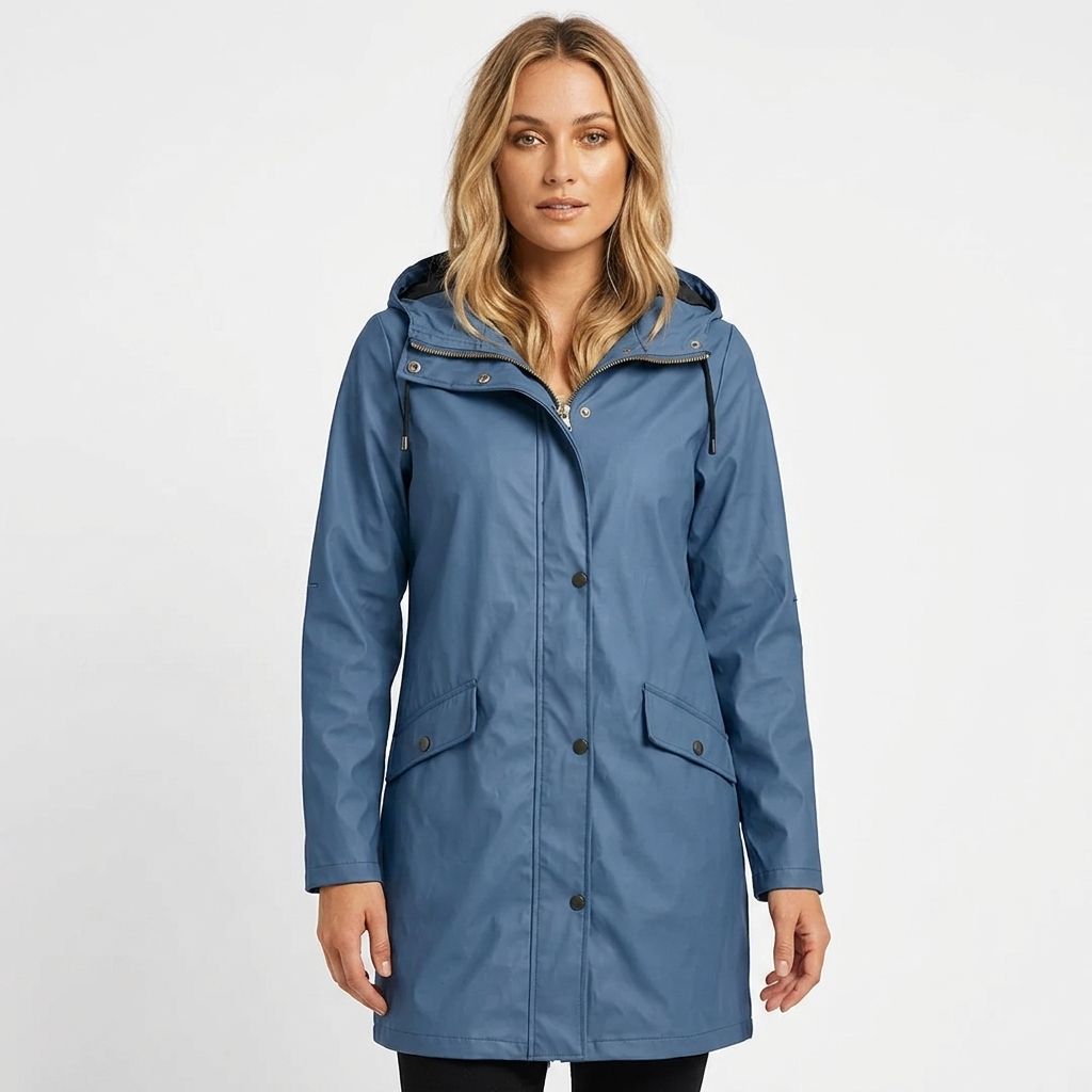 Ibtissam | Women's Long Rain Jacket | Drawstring Hood Snap Buttons