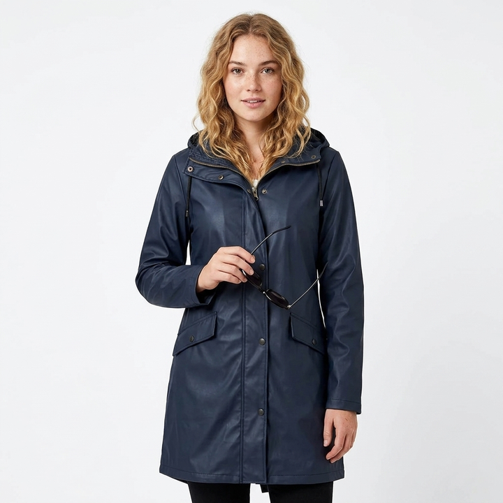 Ibtissam | Women's Long Rain Jacket | Drawstring Hood Snap Buttons