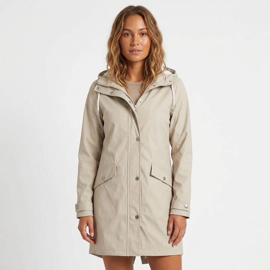 Ibtissam | Women's Long Rain Jacket | Drawstring Hood Snap Buttons