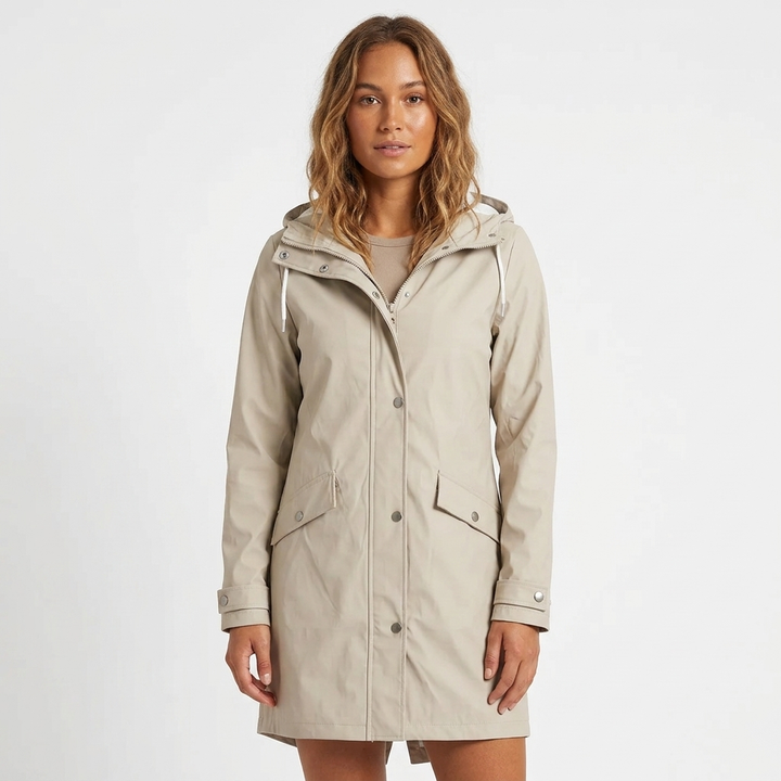 Ibtissam | Women's Long Rain Jacket | Drawstring Hood Snap Buttons