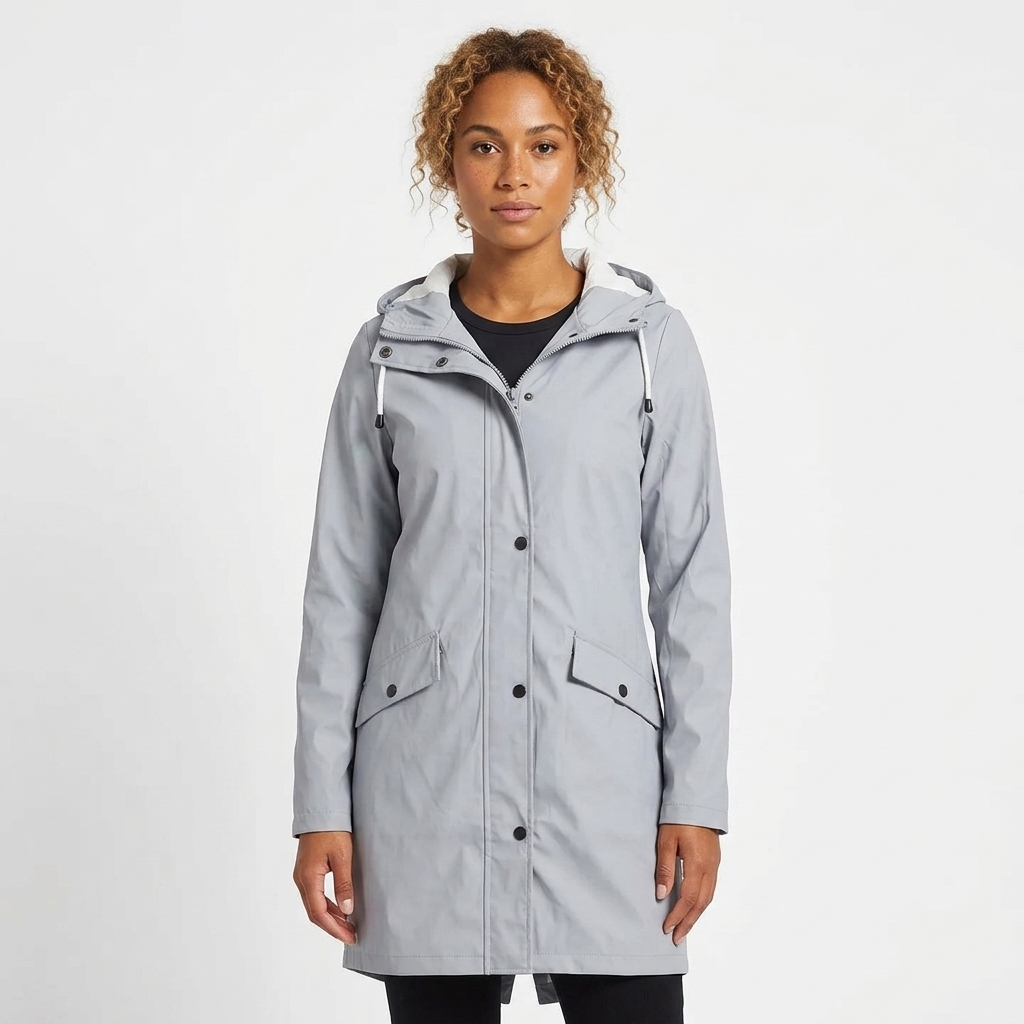 Ibtissam | Women's Long Rain Jacket | Drawstring Hood Snap Buttons