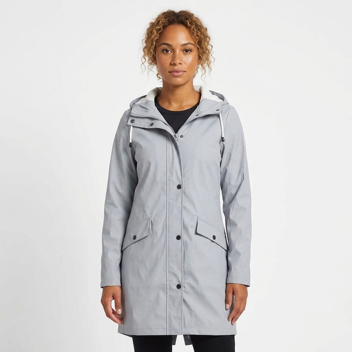 Ibtissam | Women's Long Rain Jacket | Drawstring Hood Snap Buttons