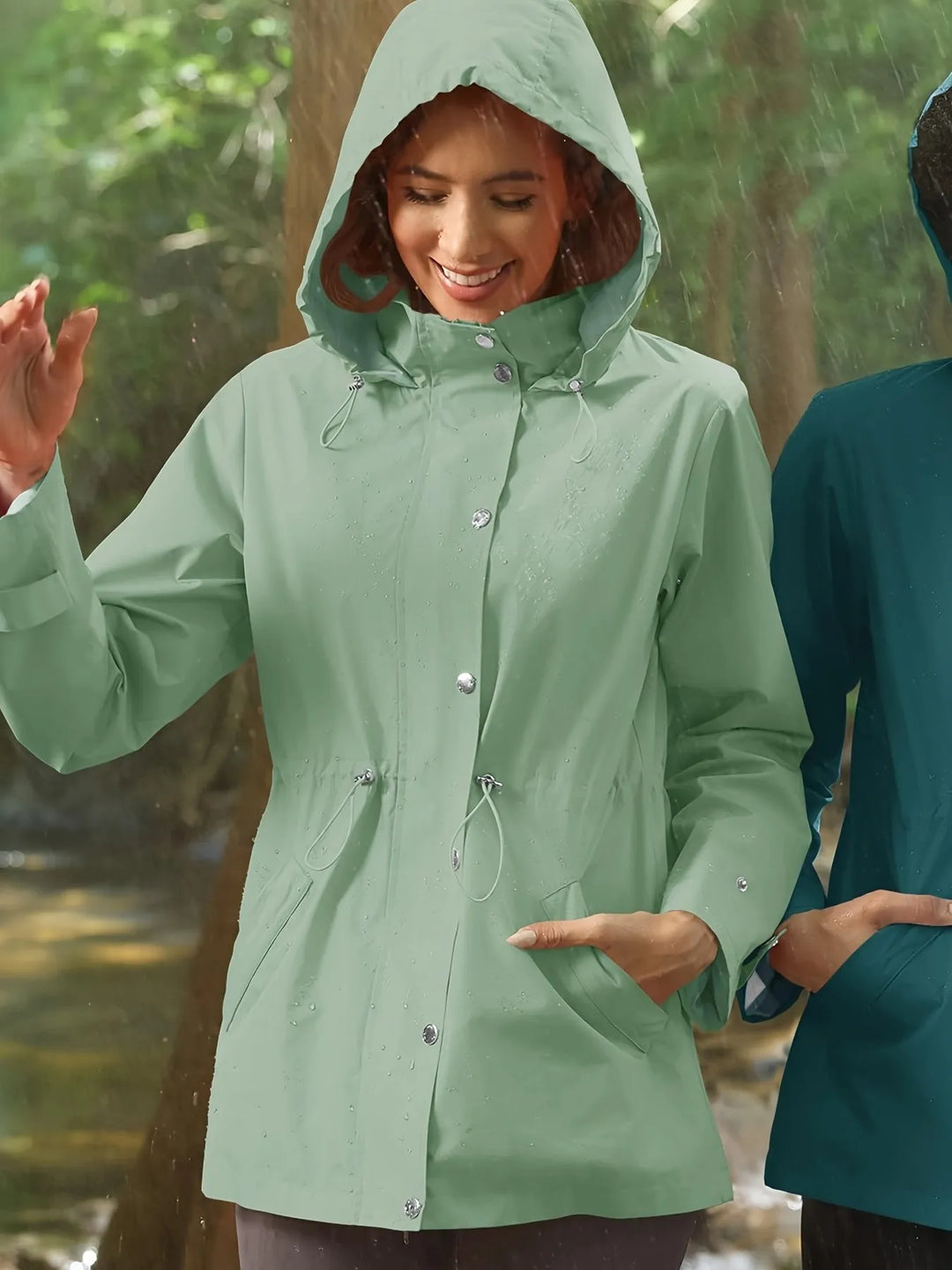 Dalal | Women's Rain Jacket | Drawstring Waist Snap Front Hooded