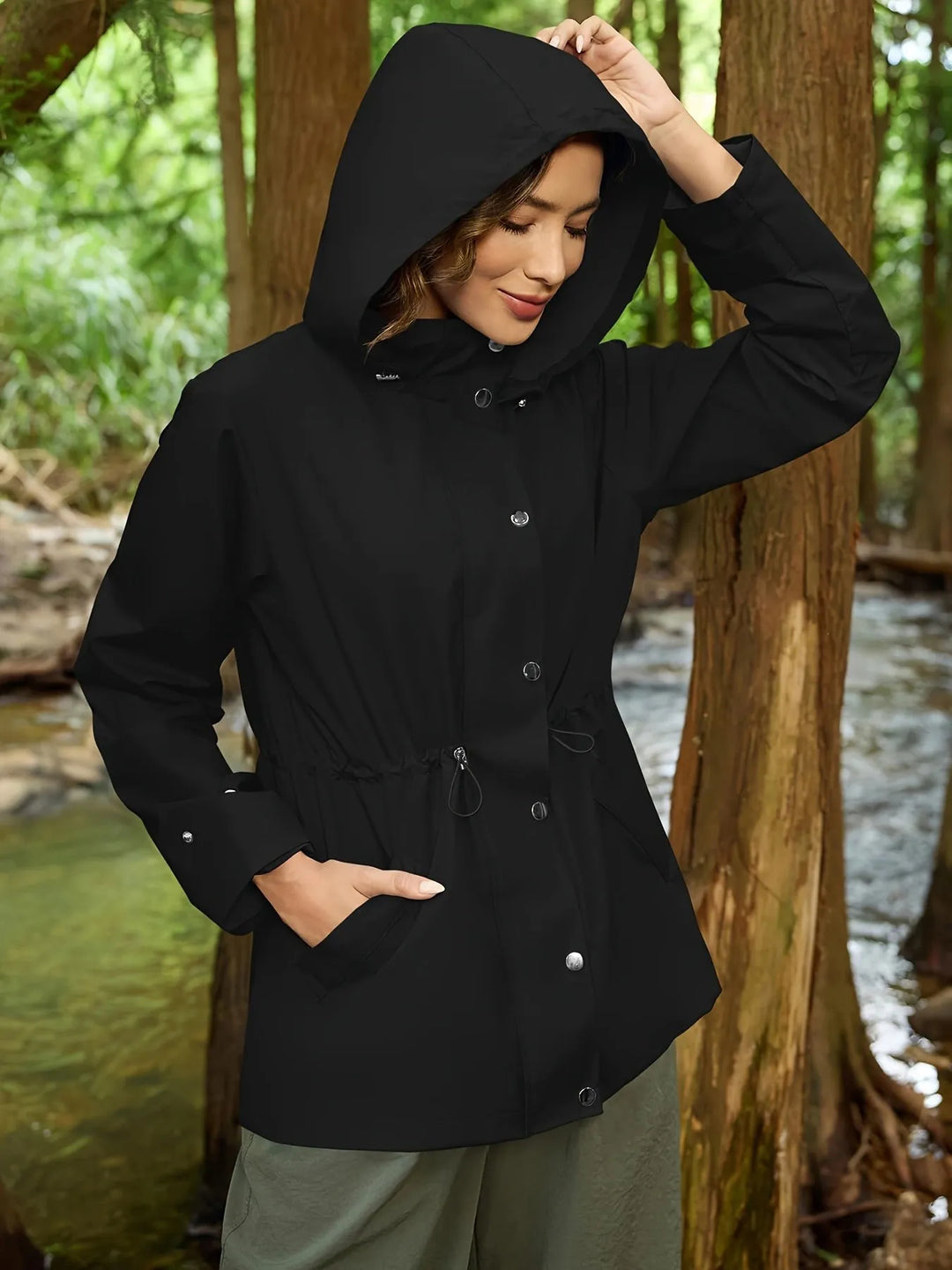 Dalal | Women's Rain Jacket | Drawstring Waist Snap Front Hooded