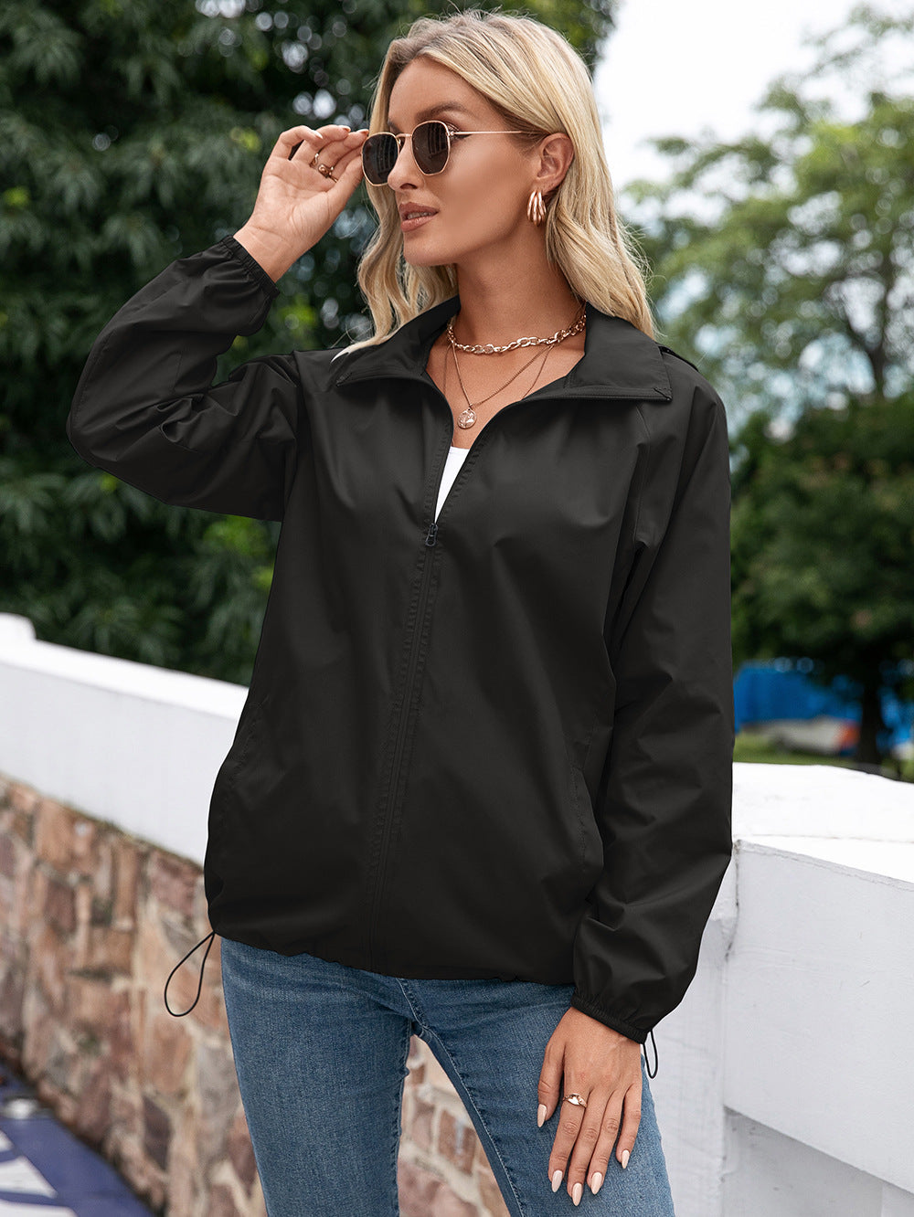 Bushra | Women's Hooded Rain Jacket | Drawstring Hem Zip Up