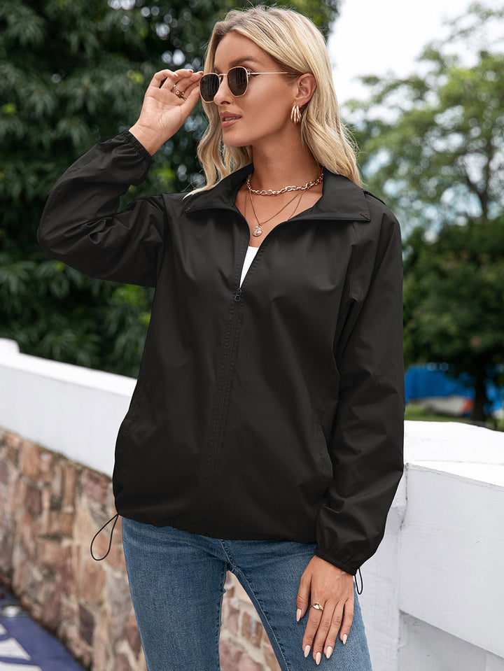 Bushra | Women's Hooded Rain Jacket | Drawstring Hem Zip Up