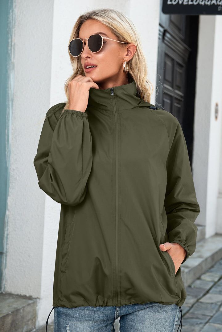 Bushra | Women's Hooded Rain Jacket | Drawstring Hem Zip Up