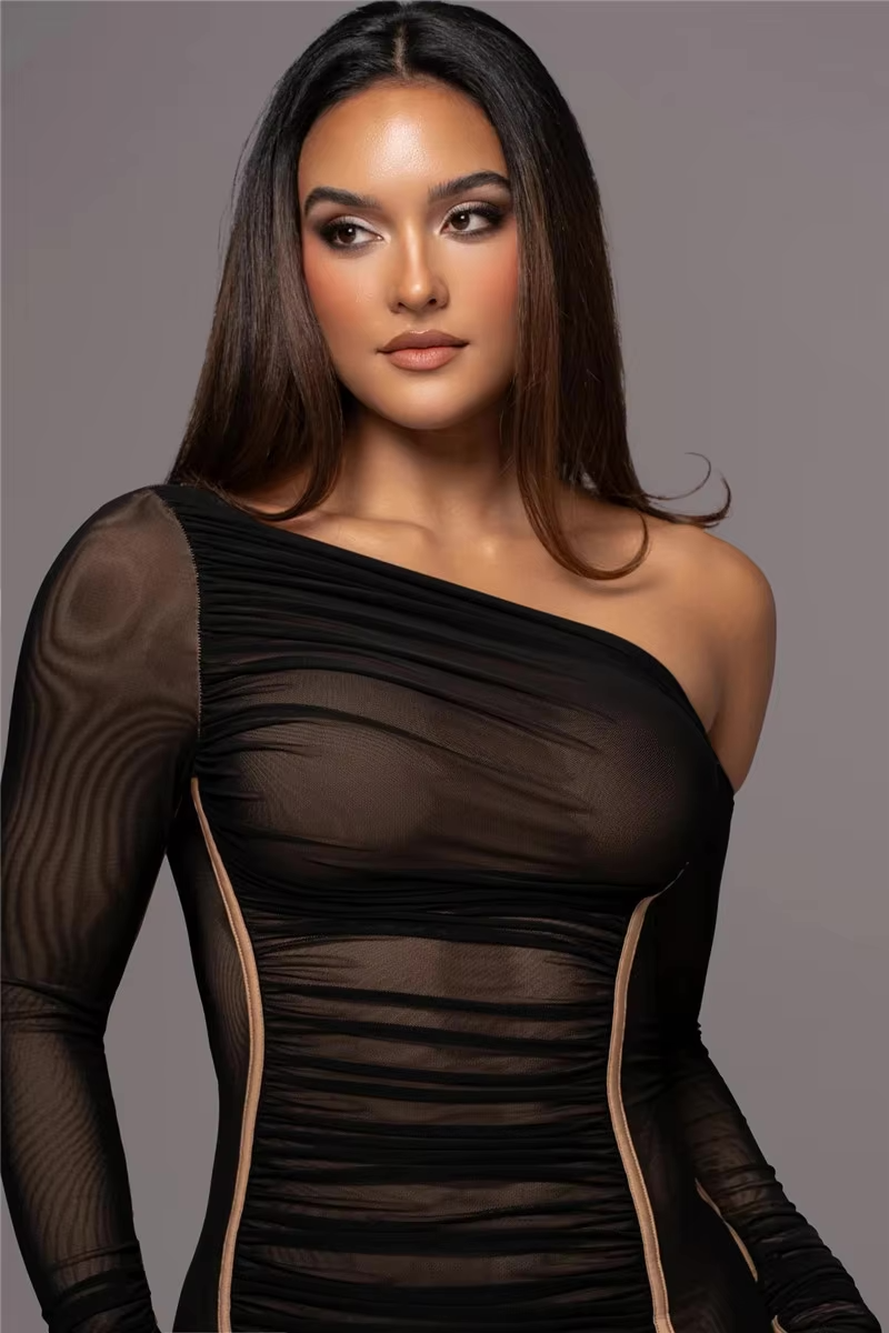 Osgifu | Women's Long Sleeve Evening Dress | One Shoulder Ruched