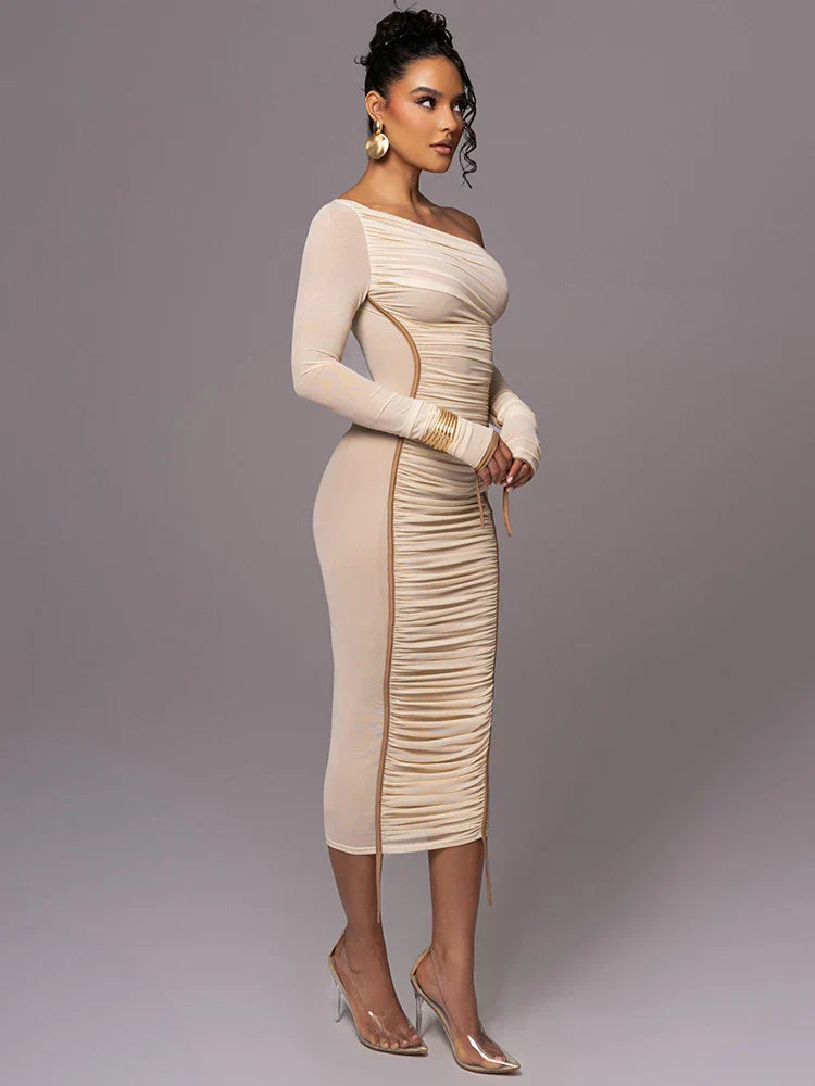 Osgifu | Women's Long Sleeve Evening Dress | One Shoulder Ruched