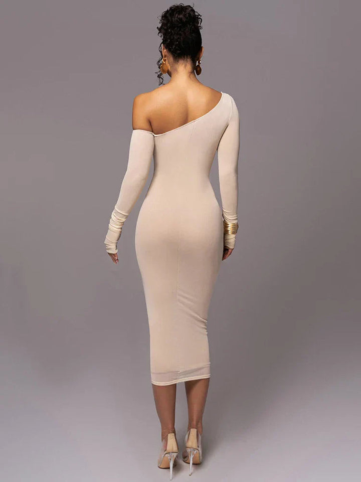 Osgifu | Women's Long Sleeve Evening Dress | One Shoulder Ruched