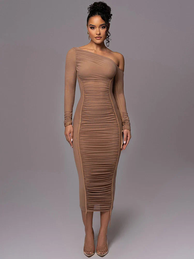 Osgifu | Women's Long Sleeve Evening Dress | One Shoulder Ruched