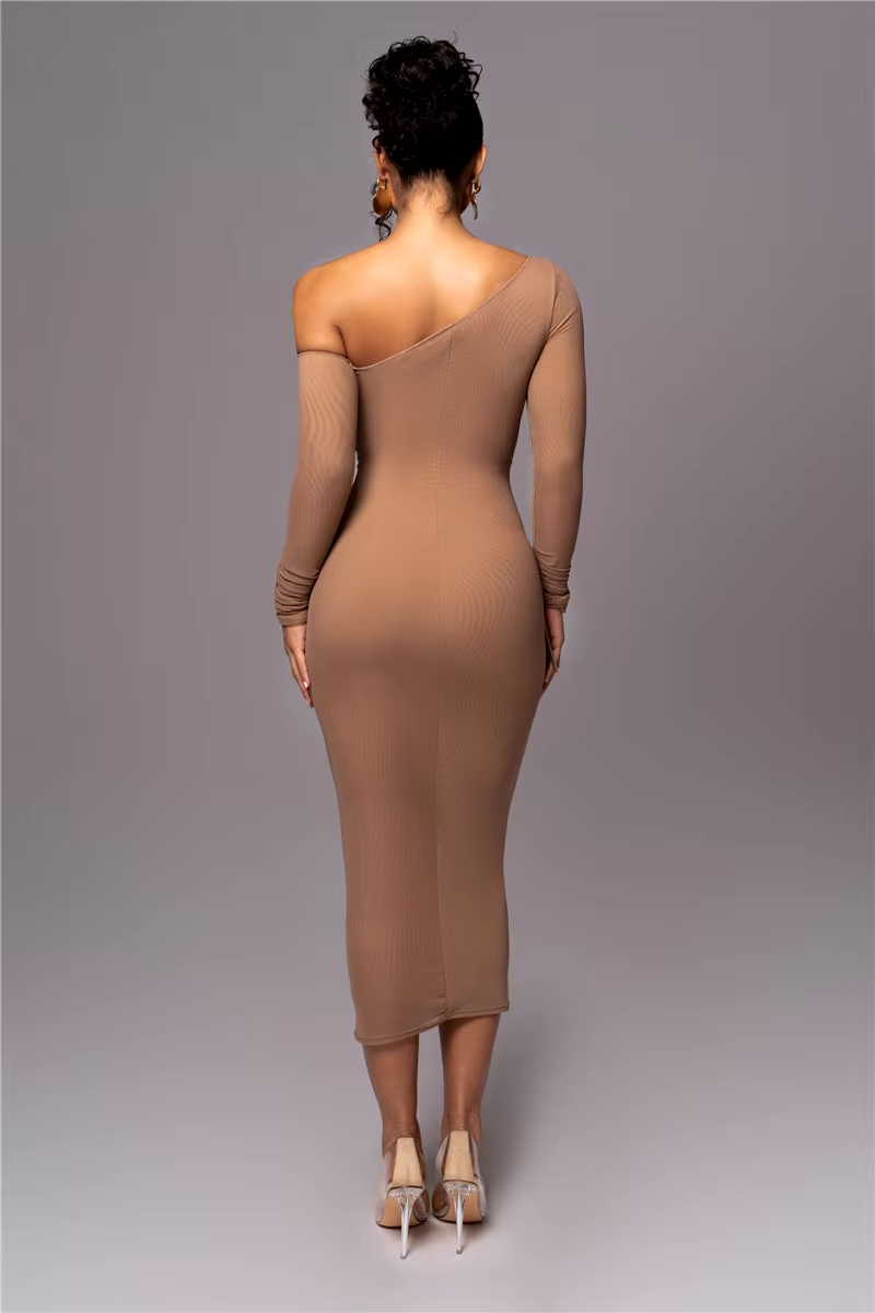 Osgifu | Women's Long Sleeve Evening Dress | One Shoulder Ruched