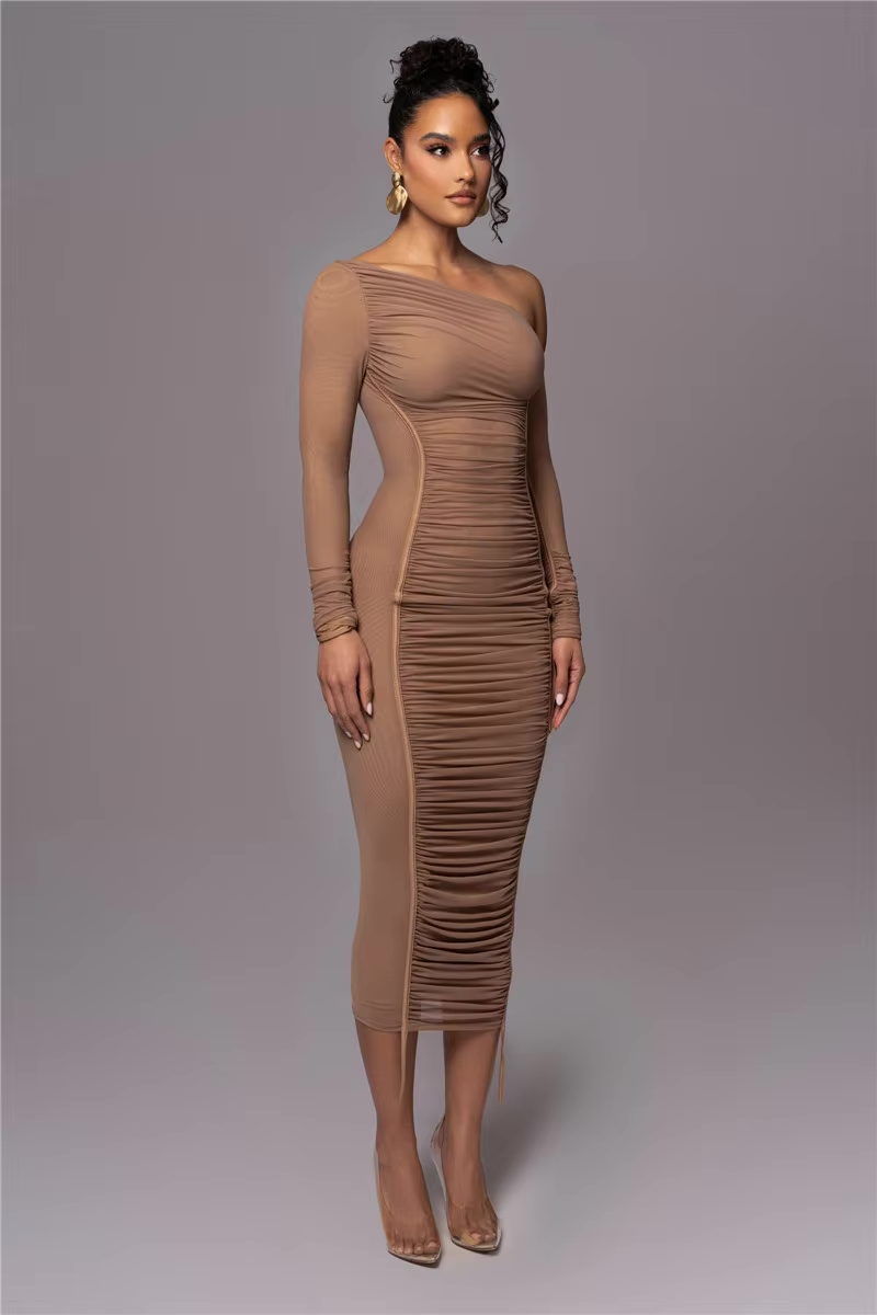 Osgifu | Women's Long Sleeve Evening Dress | One Shoulder Ruched