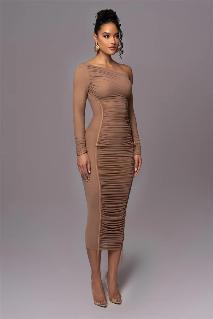Osgifu | Women's Long Sleeve Evening Dress | One Shoulder Ruched
