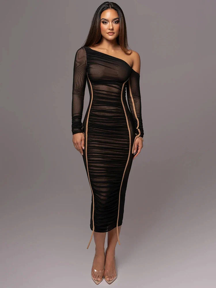Osgifu | Women's Long Sleeve Evening Dress | One Shoulder Ruched
