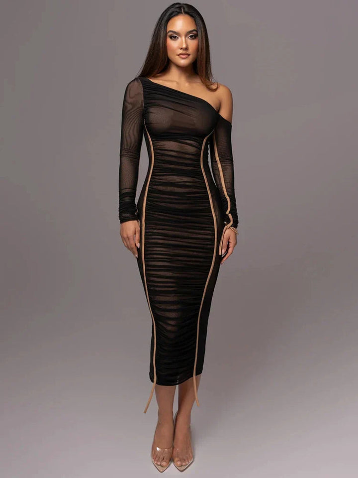 Osgifu | Women's Long Sleeve Evening Dress | One Shoulder Ruched