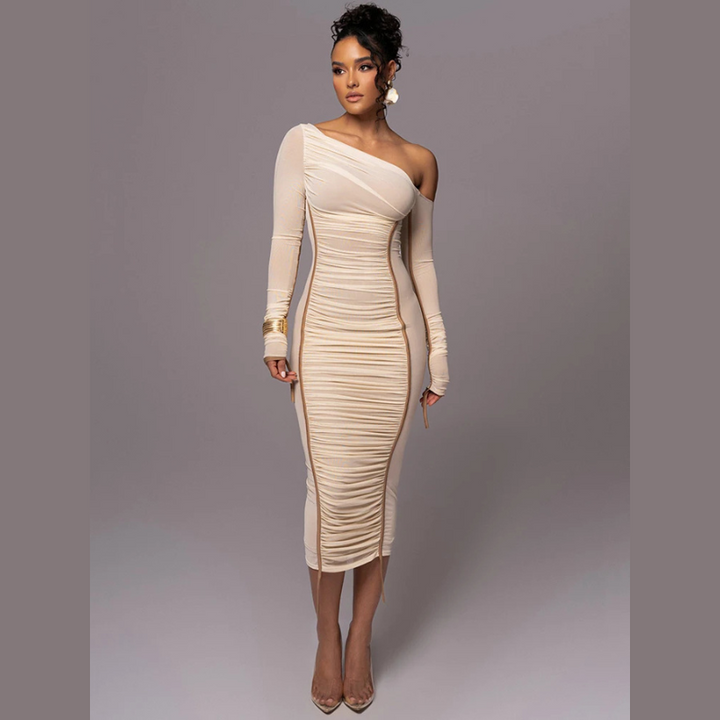 Osgifu | Women's Long Sleeve Evening Dress | One Shoulder Ruched