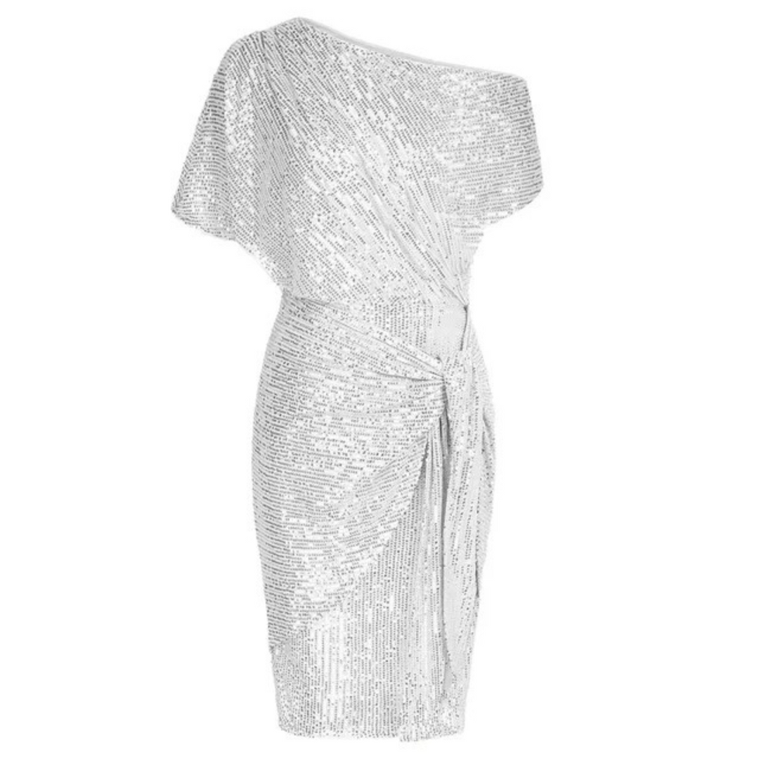 Women's Sequin Cocktail Dress with One Shoulder & Tie Waist | Midi