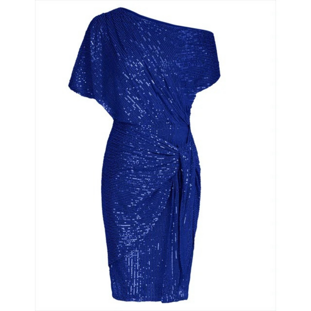 Women's Sequin Cocktail Dress with One Shoulder & Tie Waist | Midi