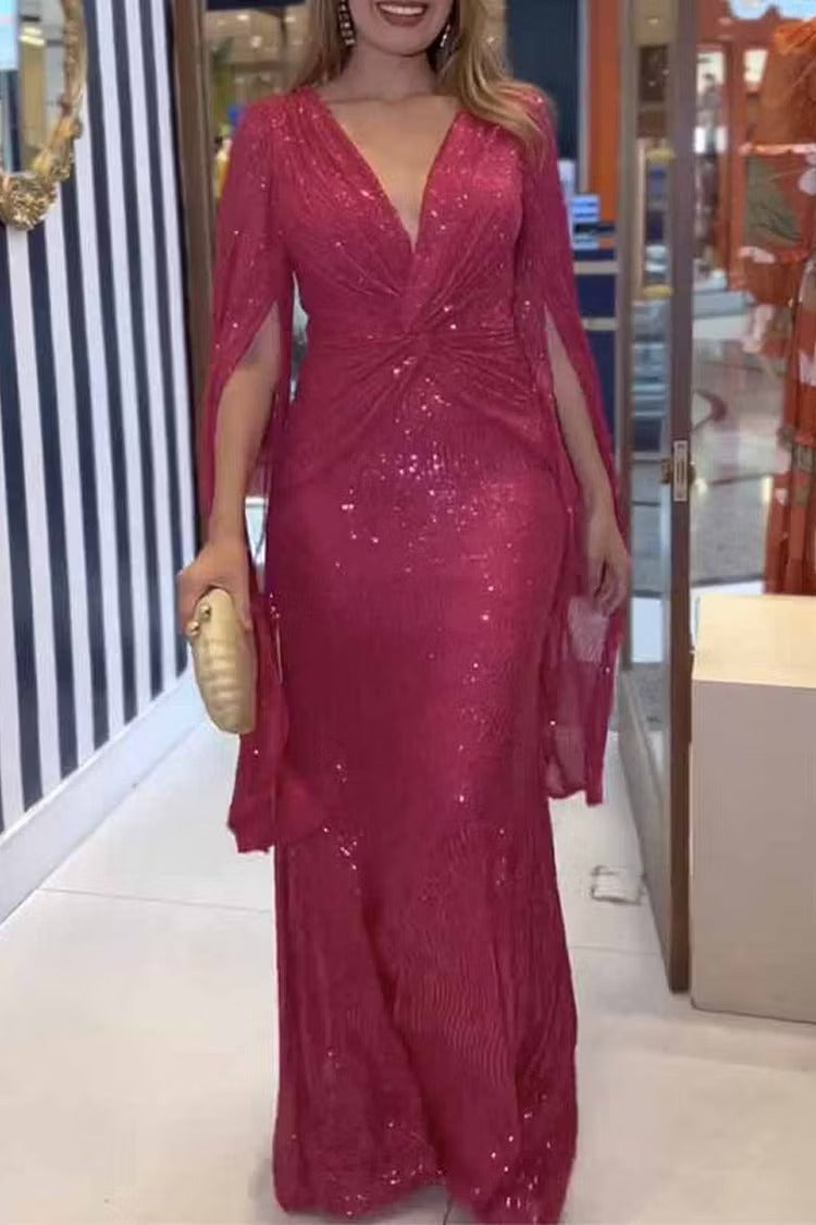 Women's Sequin Formal Dress with V Neck | Maxi Evening