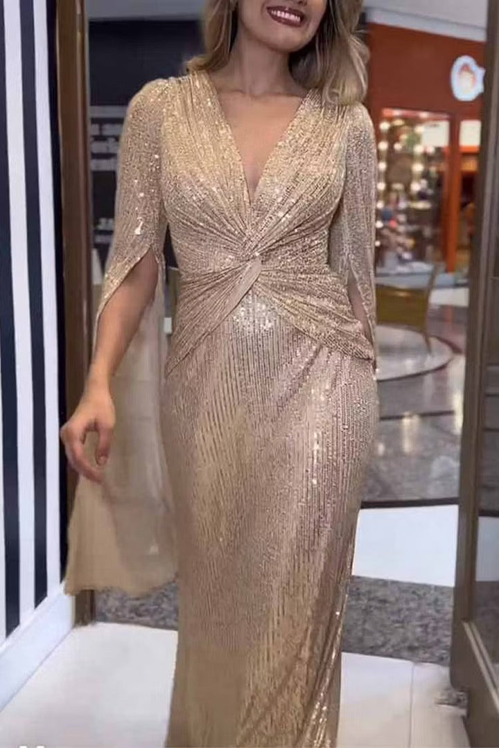 Women's Sequin Formal Dress with V Neck | Maxi Evening