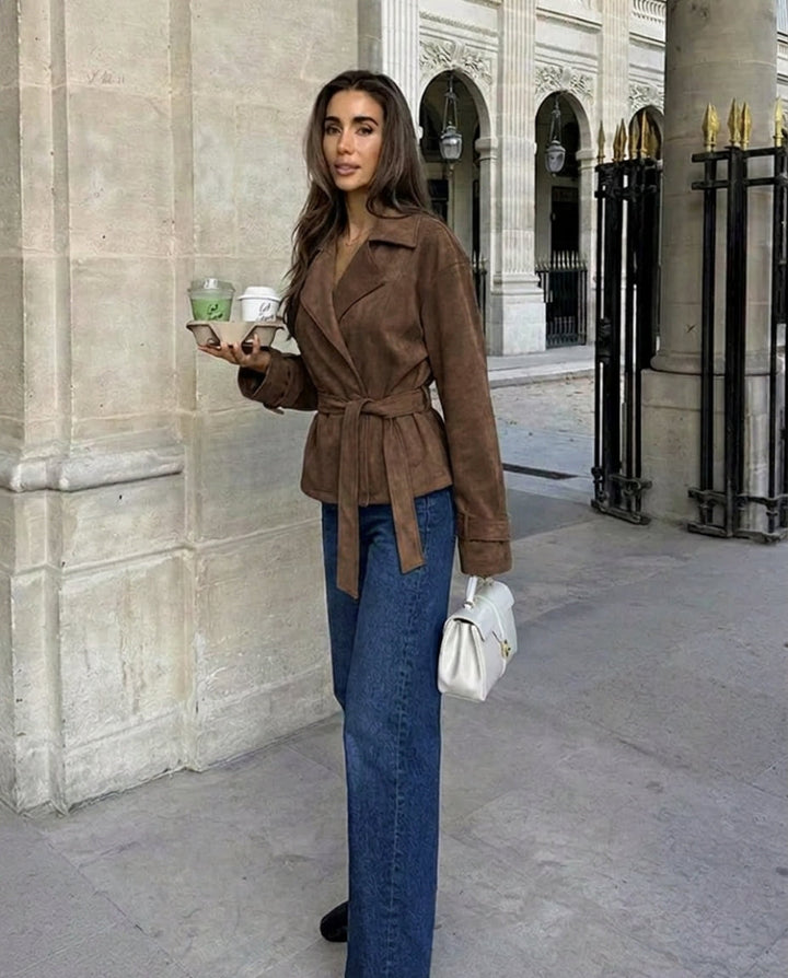 Keiko | Women's Suede Jacket | Belted Waist Notched Lapel Retro