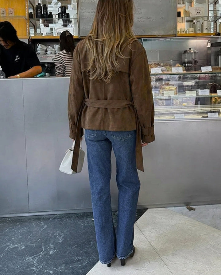 Keiko | Women's Suede Jacket | Belted Waist Notched Lapel Retro
