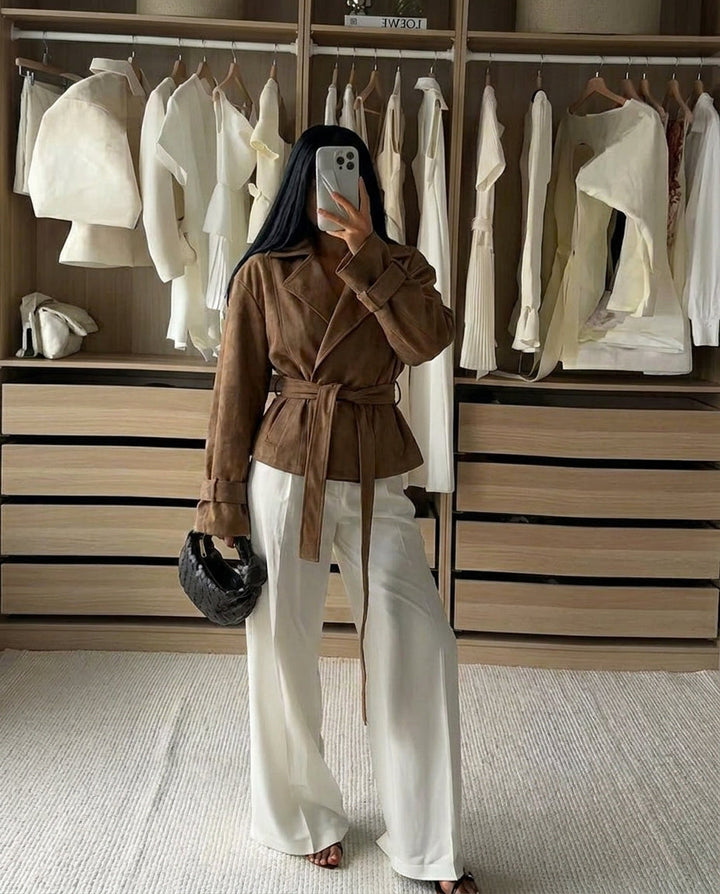 Keiko | Women's Suede Jacket | Belted Waist Notched Lapel Retro