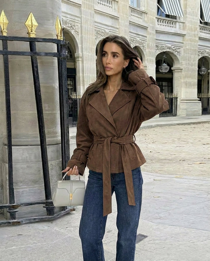 Keiko | Women's Suede Jacket | Belted Waist Notched Lapel Retro