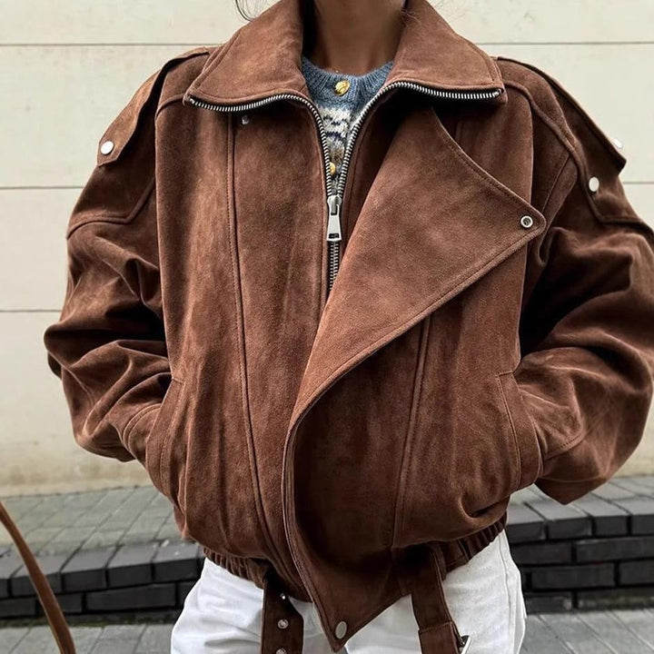 Yukiko | Women's Oversized Suede Jacket | Zip Front Belted Waist