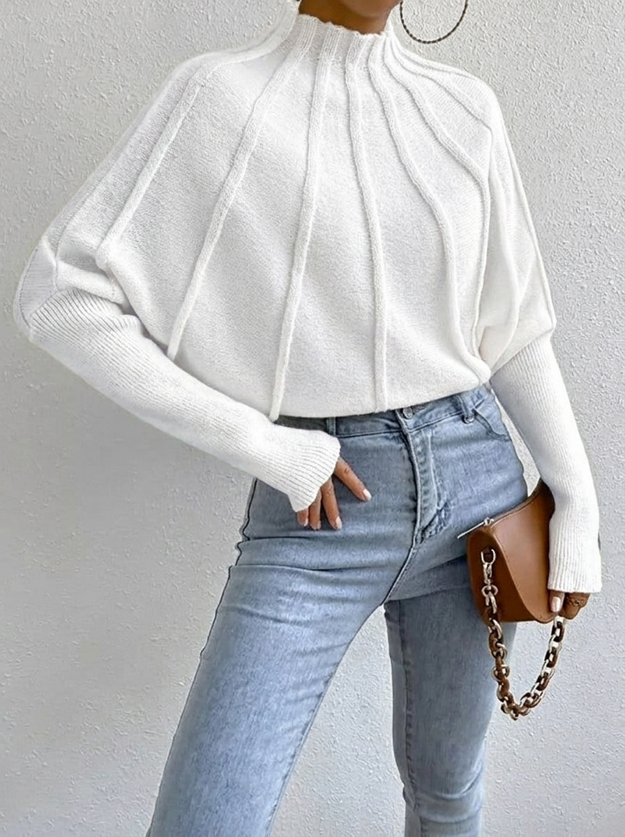 Mariama | Women's Sunburst Knit Jumper | Mock Neck Batwing Sleeves