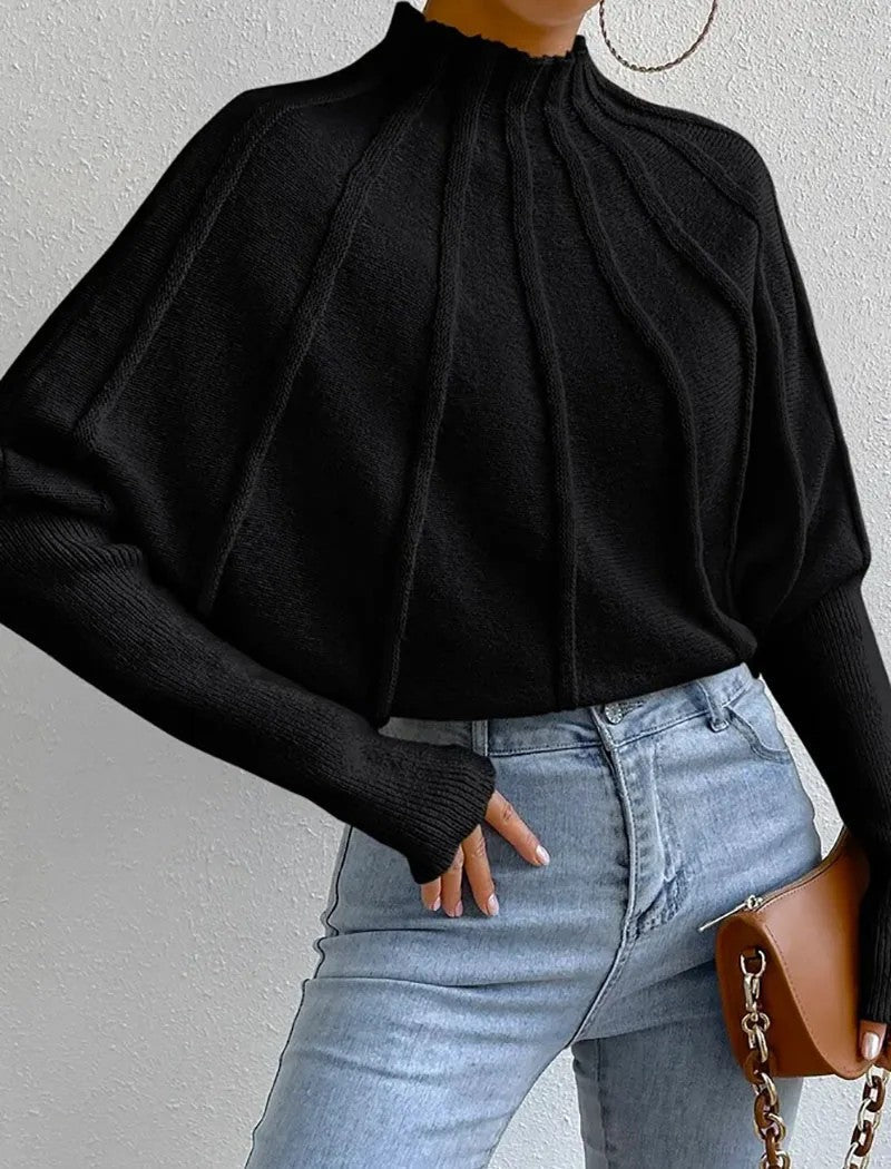 Mariama | Women's Sunburst Knit Jumper | Mock Neck Batwing Sleeves