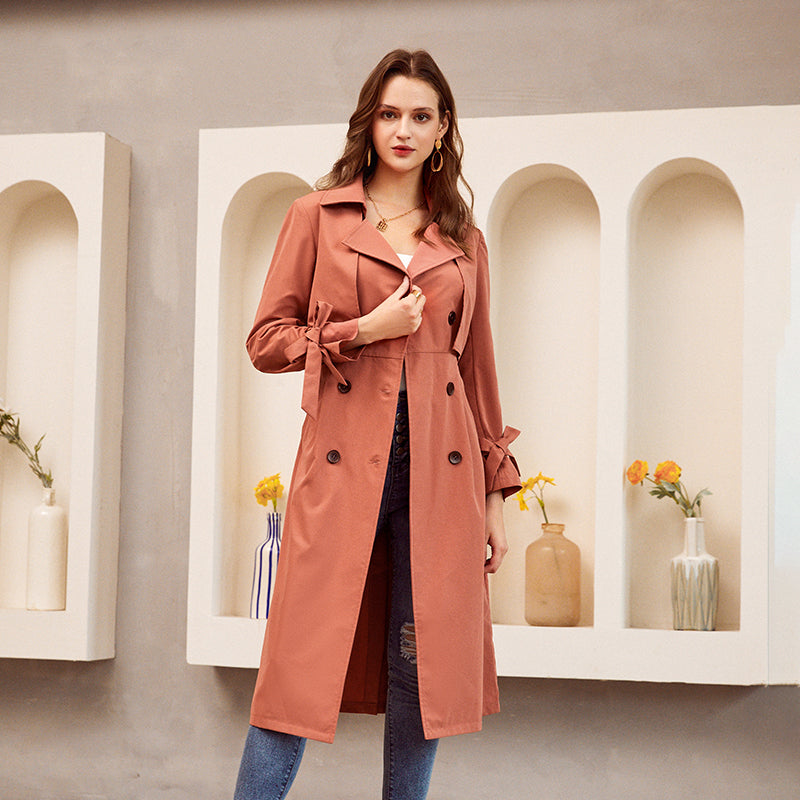 Erchamberta | Women's Long Belted Trench Coat | Double-Breasted Tie Cuff