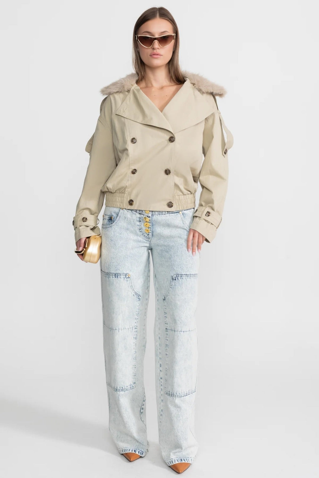 Waleria | Women's Cropped Trench Jacket | Fur Collar Double-Breasted