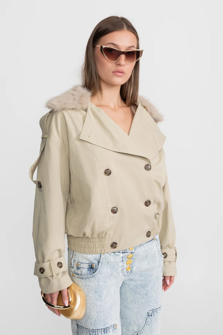 Waleria | Women's Cropped Trench Jacket | Fur Collar Double-Breasted
