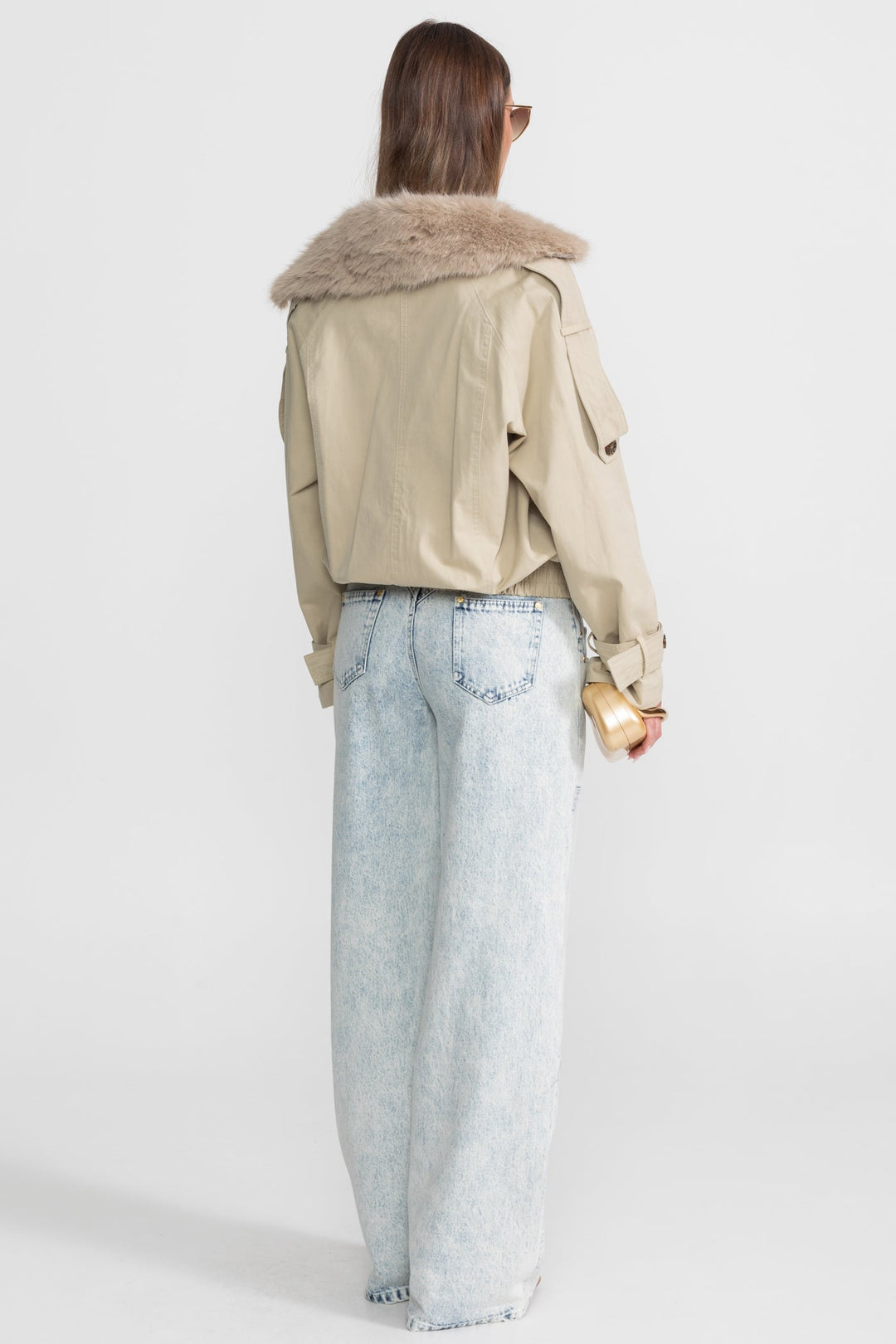 Waleria | Women's Cropped Trench Jacket | Fur Collar Double-Breasted