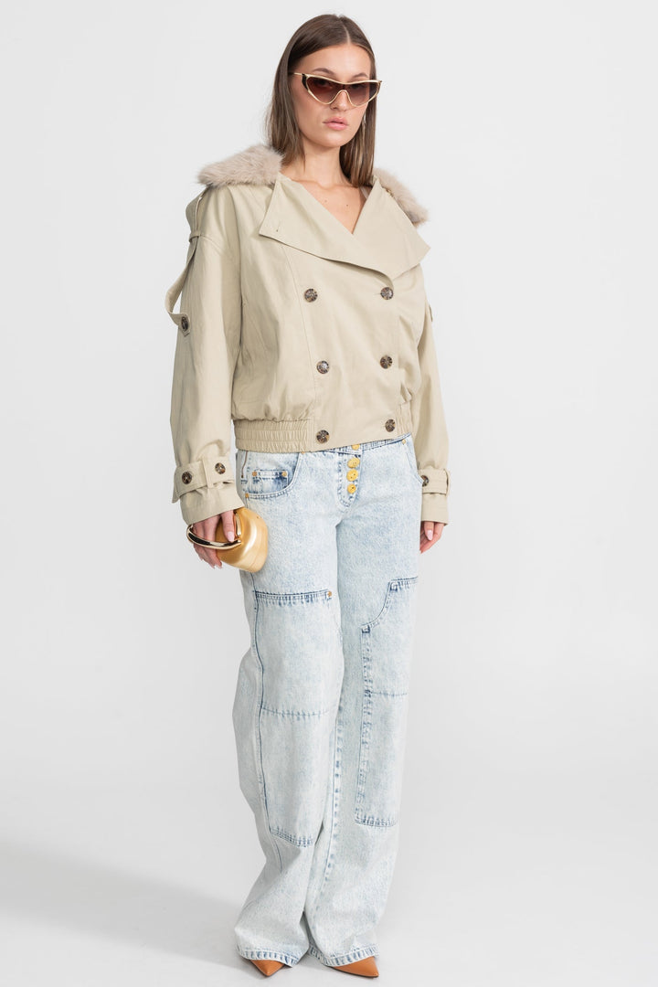 Waleria | Women's Cropped Trench Jacket | Fur Collar Double-Breasted
