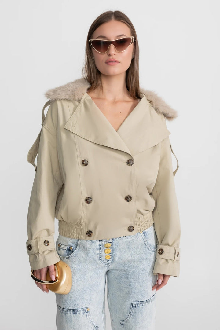 Waleria | Women's Cropped Trench Jacket | Fur Collar Double-Breasted