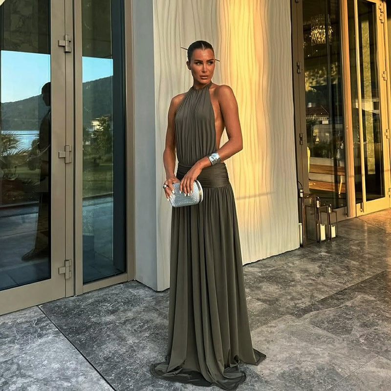 Women's Wedding Guest Dress with Halter Neck & Ruched Waist | Maxi