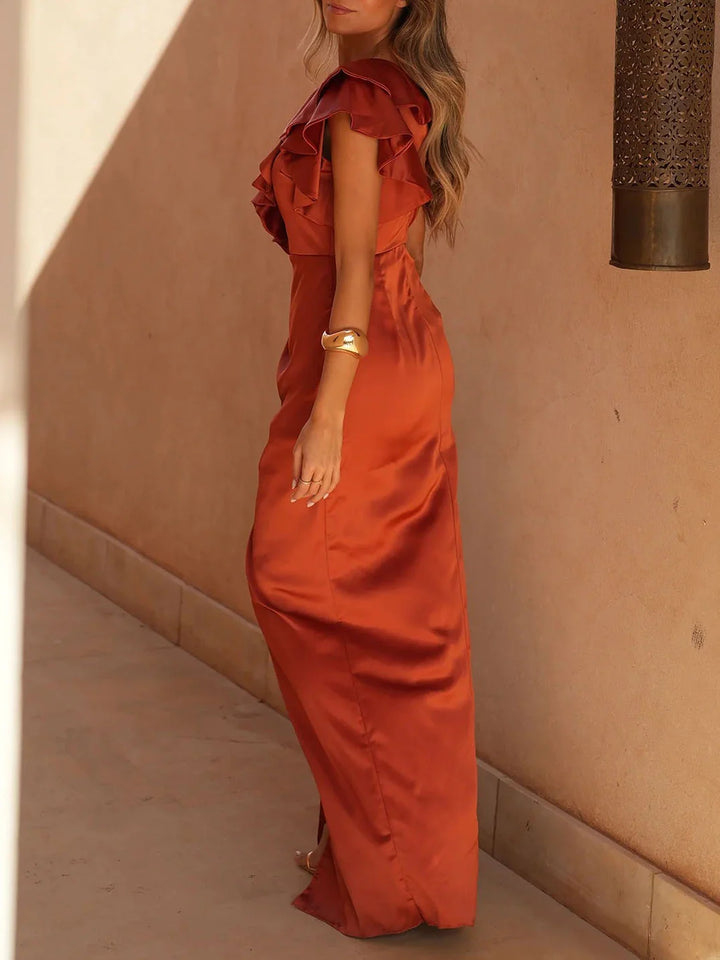 Women's Wedding Guest Dress with One Shoulder & Ruffle | Maxi
