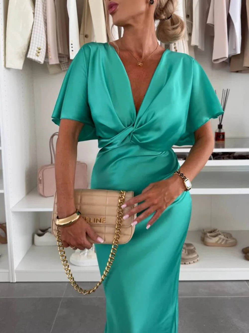 Women's Wedding Guest Dress with V-Neck & Front Knot | Midi